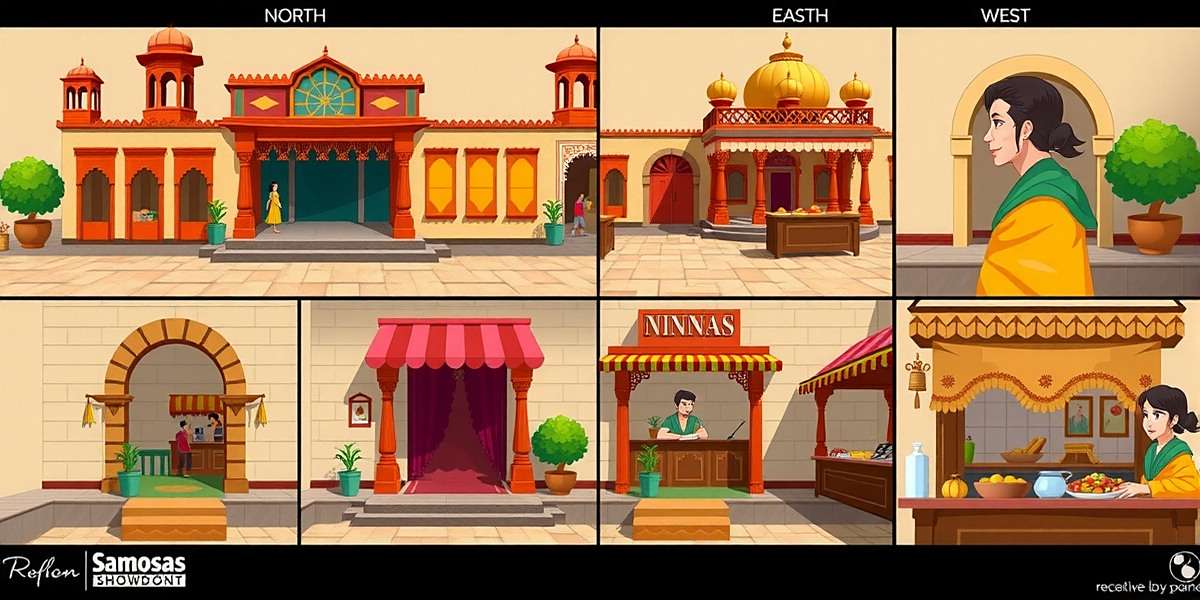 Samosas Showdown Regional Versions Samosas Showdown regional variations showing different market scenes from North, South, East and West India with appropriate architecture, clothing and food styles