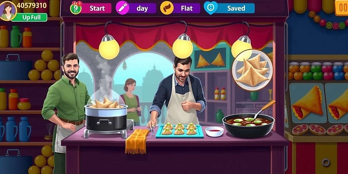 Samosas Showdown Gameplay Screenshot Samosas Showdown gameplay showing a player preparing samosas, adding fillings, frying them, and serving customers in a colorful Indian market