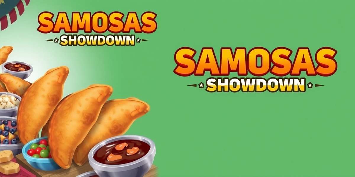 Samosas Showdown Official Cover Art Samosas Showdown game cover featuring golden fried samosas with various fillings displayed in an Indian street food market setting